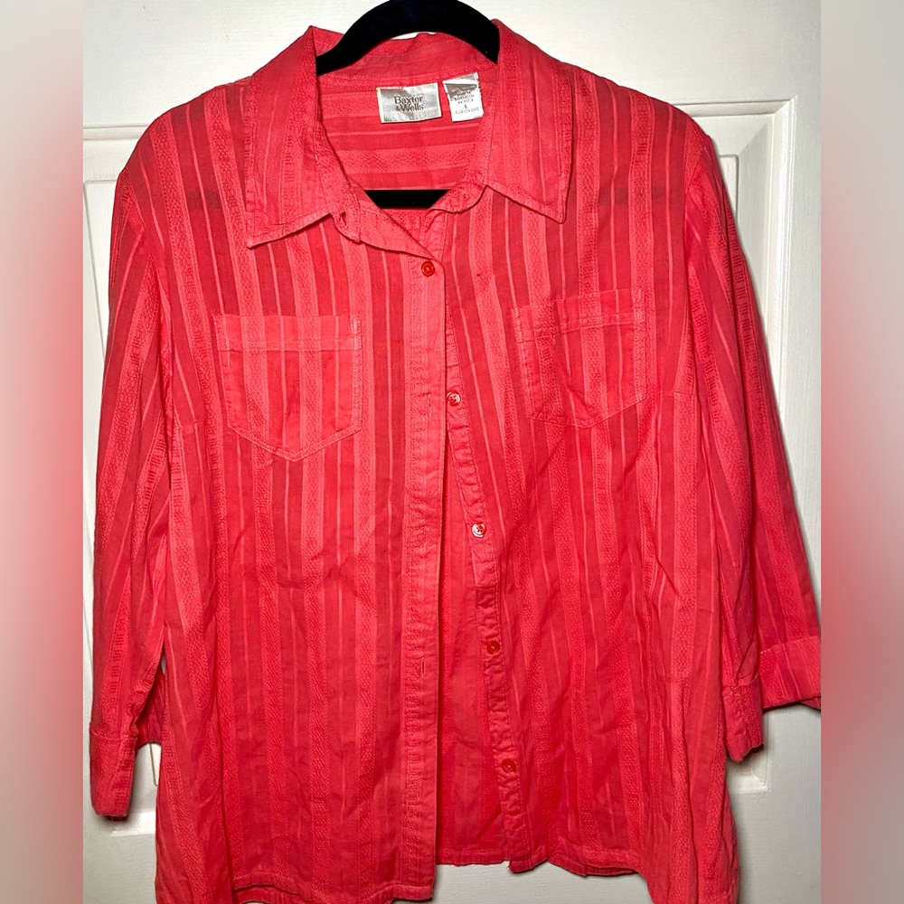 Vintage Baxter & Wells Women's Shirt Coral Pink Textured Striped Button Down L